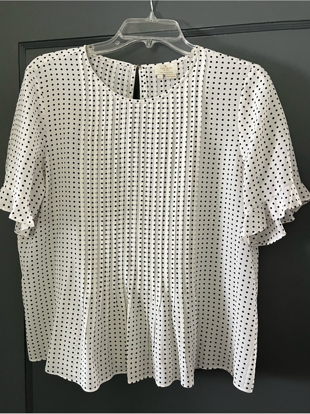Kate Spade Silk Polka Dot Pintuck Ruffle Sleeve Top - White/Black